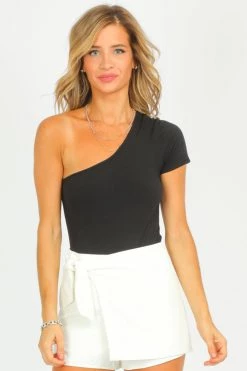LE LIS BLACK RIBBED ONE SHOULDER BODYSUIT CLOTHING
