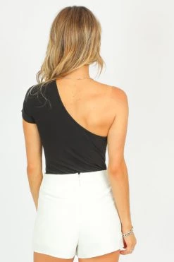 LE LIS BLACK RIBBED ONE SHOULDER BODYSUIT CLOTHING