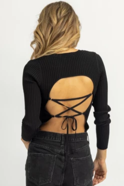 LUSH BLACK RIBBED BUSTIER LACE BACK TOP