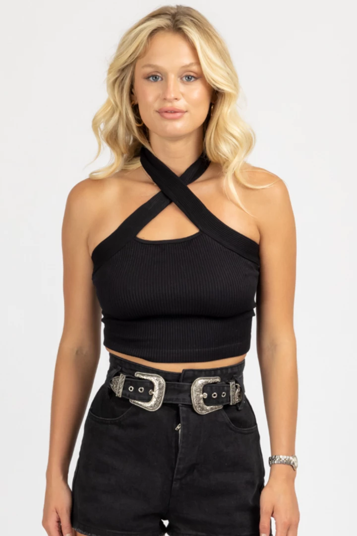 DYNAMIC FASHION BLACK RIBBED CROSS HALTER CROP CLOTHING 4 DYNAMIC FASHION BLACK RIBBED CROSS HALTER CROP CLOTHING