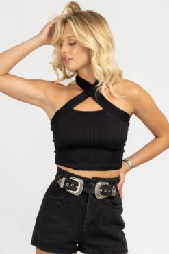 DYNAMIC FASHION BLACK RIBBED CROSS HALTER CROP CLOTHING 8 DYNAMIC FASHION BLACK RIBBED CROSS HALTER CROP CLOTHING