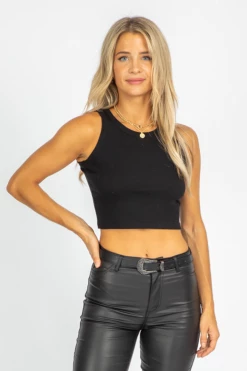 THE FREE YOGA CLOTHING BLACK RIBBED HIGH-NECK TANK