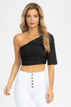 COTTON CANDY LA BLACK ONE SLEEVE RUCHED TOP
