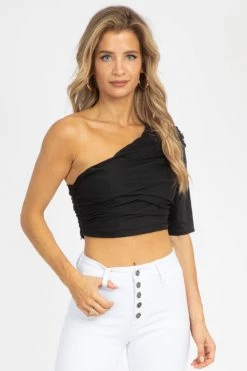 COTTON CANDY LA BLACK ONE SLEEVE RUCHED TOP