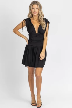 ET CLET BLACK RUCHED WAIST MINI DRESS NEW ARRIVALS