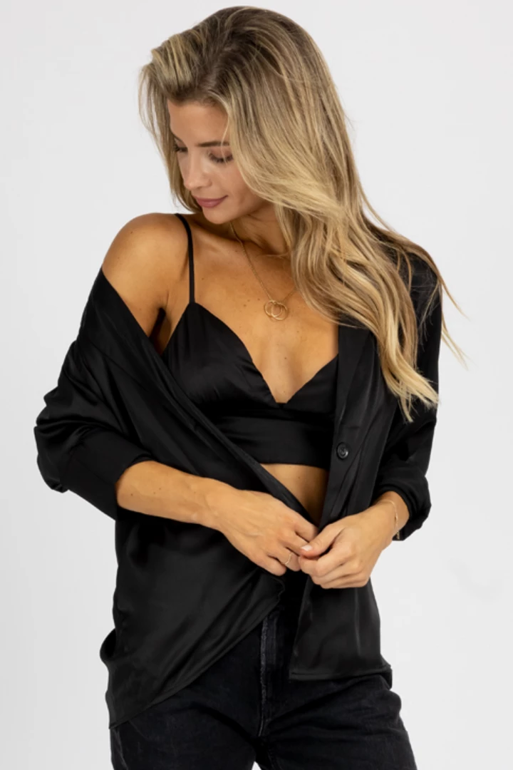 MABLE BLACK SATIN BRALETTE + BUTTON DOWN SET 1 MABLE BLACK SATIN BRALETTE + BUTTON DOWN SET