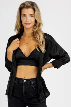 MABLE BLACK SATIN BRALETTE + BUTTON DOWN SET