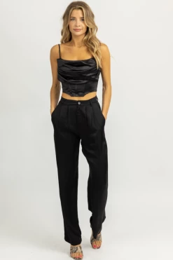OLIVACEOUS BLACK SATIN BUTTON FRONT TROUSERS NEW ARRIVALS