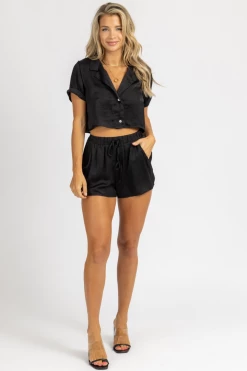 MABLE BLACK SATIN BUTTON CROP + SHORTS SET CLOTHING