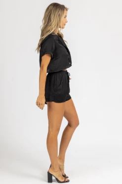 MABLE BLACK SATIN BUTTON CROP + SHORTS SET CLOTHING