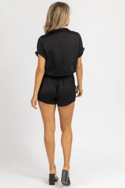 MABLE BLACK SATIN BUTTON CROP + SHORTS SET CLOTHING