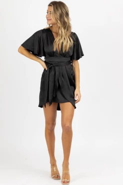 LENA BLACK SATIN DOLMAN SLEEVE MINI DRESS NEW ARRIVALS