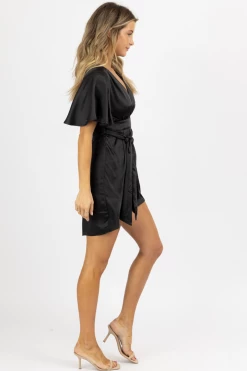 LENA BLACK SATIN DOLMAN SLEEVE MINI DRESS NEW ARRIVALS