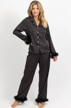 MADE WITH LOVE BLACK FEATHER TRIM SILKY PJ SET NEW ARRIVALS