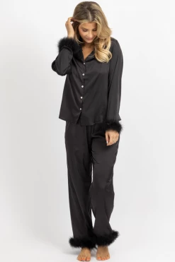 MADE WITH LOVE BLACK FEATHER TRIM SILKY PJ SET NEW ARRIVALS