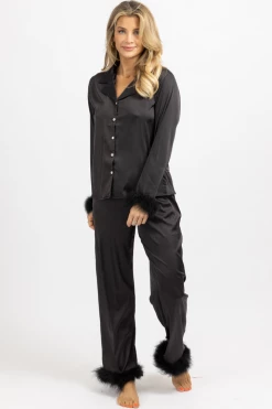 MADE WITH LOVE BLACK FEATHER TRIM SILKY PJ SET NEW ARRIVALS