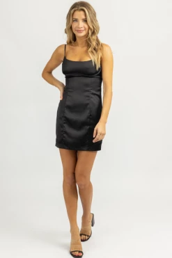 EMORY PARK BLACK HOOK BACK SATIN MINI DRESS NEW ARRIVALS