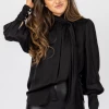 OLIVACEOUS CLOTHING BLACK NECK TIE SATIN BLOUSE