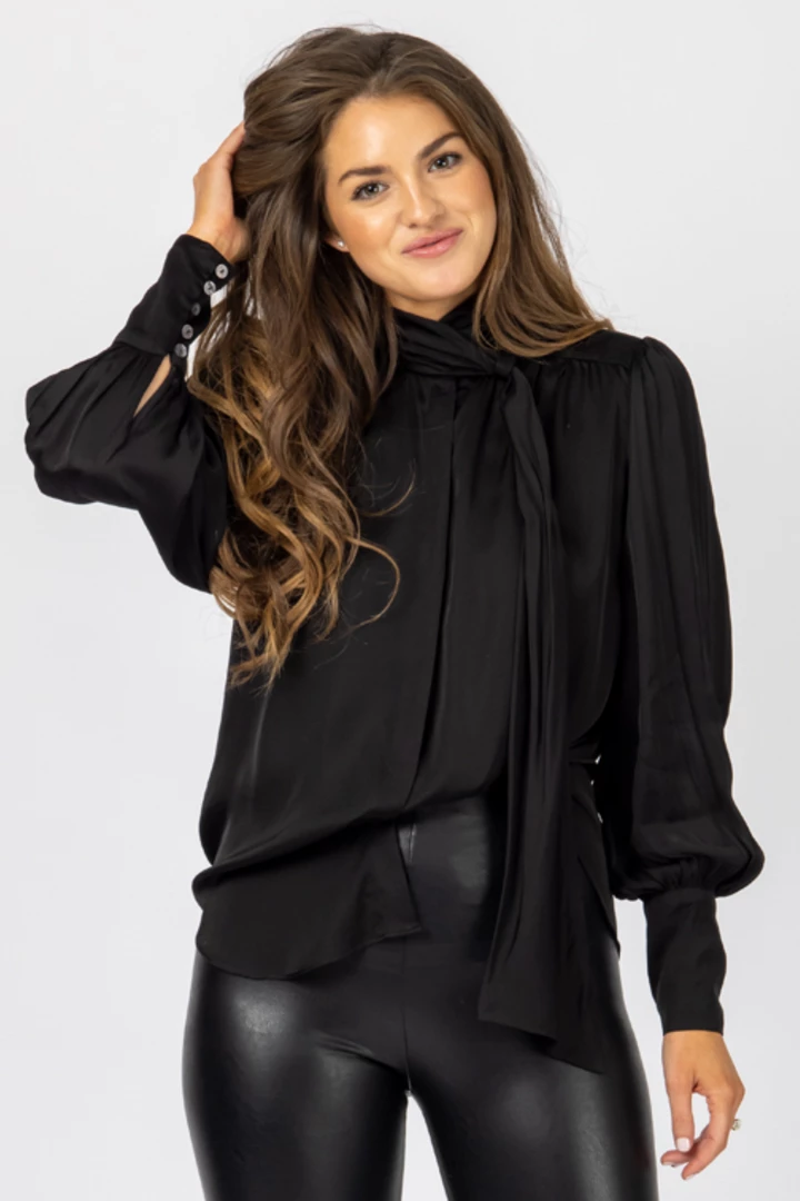 OLIVACEOUS CLOTHING BLACK NECK TIE SATIN BLOUSE 1 OLIVACEOUS CLOTHING BLACK NECK TIE SATIN BLOUSE