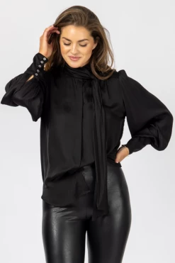 OLIVACEOUS CLOTHING BLACK NECK TIE SATIN BLOUSE 8 OLIVACEOUS CLOTHING BLACK NECK TIE SATIN BLOUSE