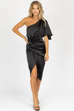DO + BE NEW ARRIVALS BLACK ASYMMETRIC SATIN MIDI DRESS *BACK IN STOCK*
