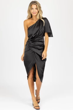 DO + BE NEW ARRIVALS BLACK ASYMMETRIC SATIN MIDI DRESS *BACK IN STOCK*