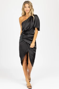 DO + BE NEW ARRIVALS BLACK ASYMMETRIC SATIN MIDI DRESS *BACK IN STOCK*