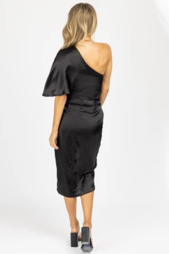 DO + BE NEW ARRIVALS BLACK ASYMMETRIC SATIN MIDI DRESS *BACK IN STOCK*
