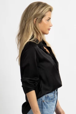 MIMOSA NEW ARRIVALS BLACK SILKY BUTTON FRONT BLOUSE