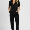 OLIVACEOUS CLOTHING BLACK SATIN BUTTON UTILITY JUMPSUIT
