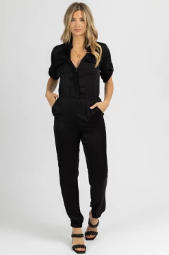 OLIVACEOUS CLOTHING BLACK SATIN BUTTON UTILITY JUMPSUIT