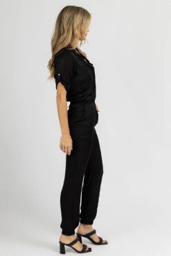 OLIVACEOUS CLOTHING BLACK SATIN BUTTON UTILITY JUMPSUIT