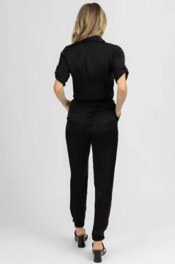 OLIVACEOUS CLOTHING BLACK SATIN BUTTON UTILITY JUMPSUIT