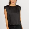Q2 BLACK SATIN SHOULDER PAD TOP CLOTHING