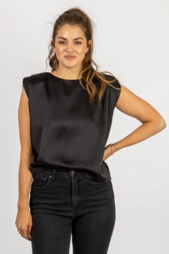 Q2 BLACK SATIN SHOULDER PAD TOP CLOTHING