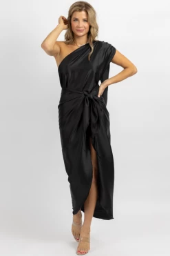 LUXXEL BLACK SATIN ONE SHOULDER WRAP DRESS *BACK IN STOCK*