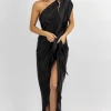 LUXXEL BLACK SATIN ONE SHOULDER WRAP DRESS *BACK IN STOCK*