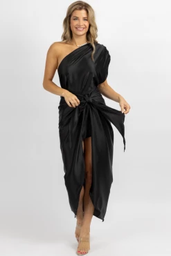 LUXXEL BLACK SATIN ONE SHOULDER WRAP DRESS *BACK IN STOCK*