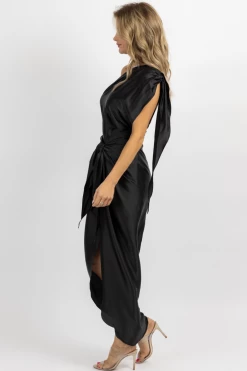 LUXXEL BLACK SATIN ONE SHOULDER WRAP DRESS *BACK IN STOCK*