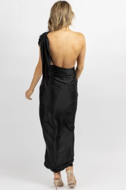LUXXEL BLACK SATIN ONE SHOULDER WRAP DRESS *BACK IN STOCK*