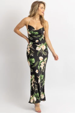 STRUT AND BOLT BLACK TROPIC PALM GOLD CHAIN MAXI DRESS NEW ARRIVALS