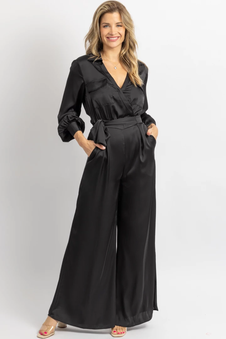 STRUT AND BOLT BLACK SATIN LONGSLEEVE WIDE LEG JUMPSUIT 1 STRUT AND BOLT BLACK SATIN LONGSLEEVE WIDE LEG JUMPSUIT
