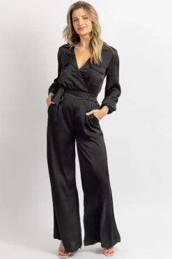 STRUT AND BOLT BLACK SATIN LONGSLEEVE WIDE LEG JUMPSUIT