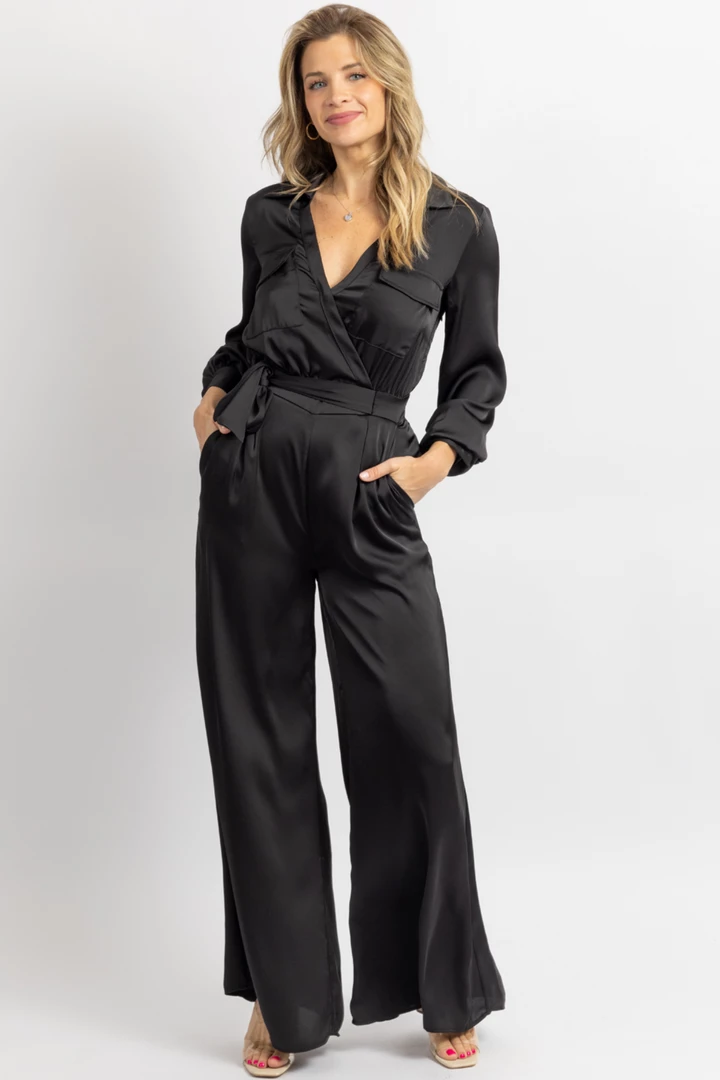 STRUT AND BOLT BLACK SATIN LONGSLEEVE WIDE LEG JUMPSUIT 2 STRUT AND BOLT BLACK SATIN LONGSLEEVE WIDE LEG JUMPSUIT