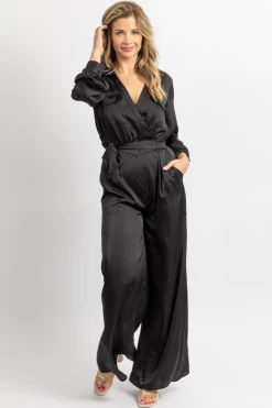 STRUT AND BOLT BLACK SATIN LONGSLEEVE WIDE LEG JUMPSUIT 8 STRUT AND BOLT BLACK SATIN LONGSLEEVE WIDE LEG JUMPSUIT