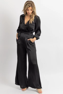 STRUT AND BOLT BLACK SATIN LONGSLEEVE WIDE LEG JUMPSUIT 9 STRUT AND BOLT BLACK SATIN LONGSLEEVE WIDE LEG JUMPSUIT