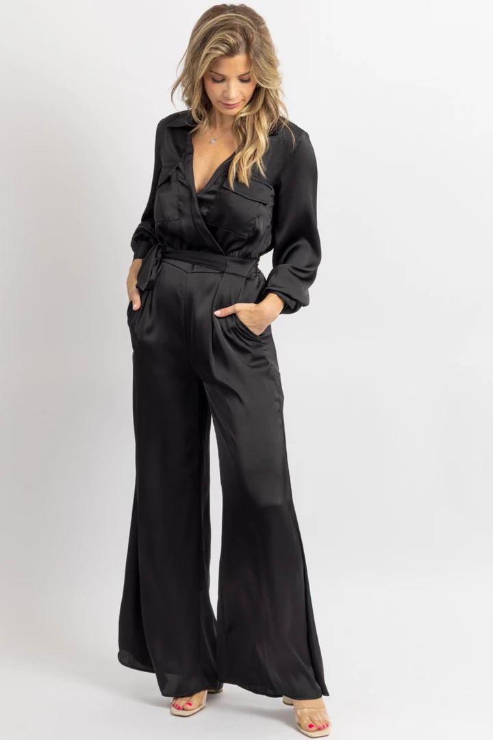 STRUT AND BOLT BLACK SATIN LONGSLEEVE WIDE LEG JUMPSUIT 4 STRUT AND BOLT BLACK SATIN LONGSLEEVE WIDE LEG JUMPSUIT