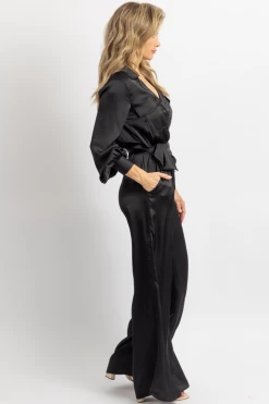 STRUT AND BOLT BLACK SATIN LONGSLEEVE WIDE LEG JUMPSUIT 10 STRUT AND BOLT BLACK SATIN LONGSLEEVE WIDE LEG JUMPSUIT
