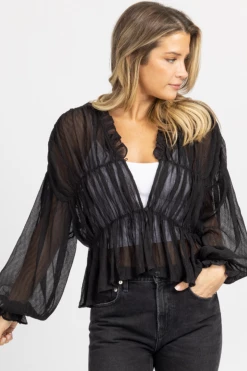 MABLE NEW ARRIVALS BLACK SHIRRED SHEER LONGSLEEVE BLOUSE