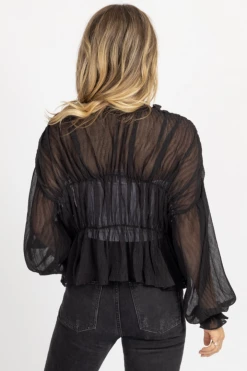 MABLE NEW ARRIVALS BLACK SHIRRED SHEER LONGSLEEVE BLOUSE